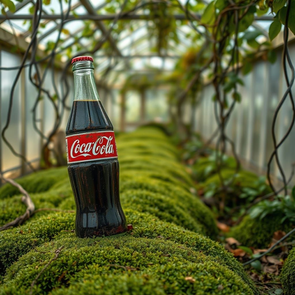 Coca-Cola Bottle in Overgrown Greenhouse, 8k