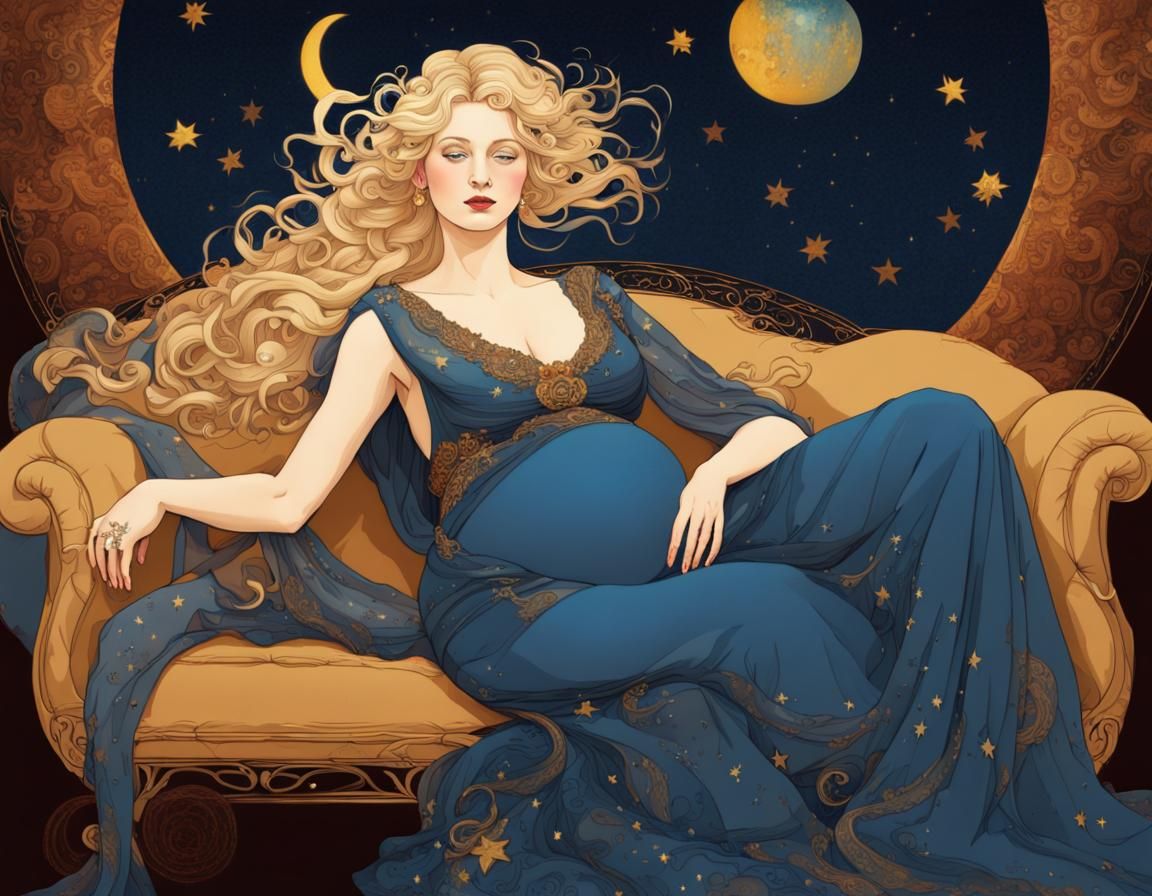Pregnant Woman in Klimt and Mucha Inspired Cosmic Scene