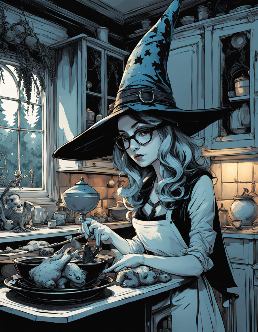 Cute Witch and Frog in Eerie Gothic Kitchen