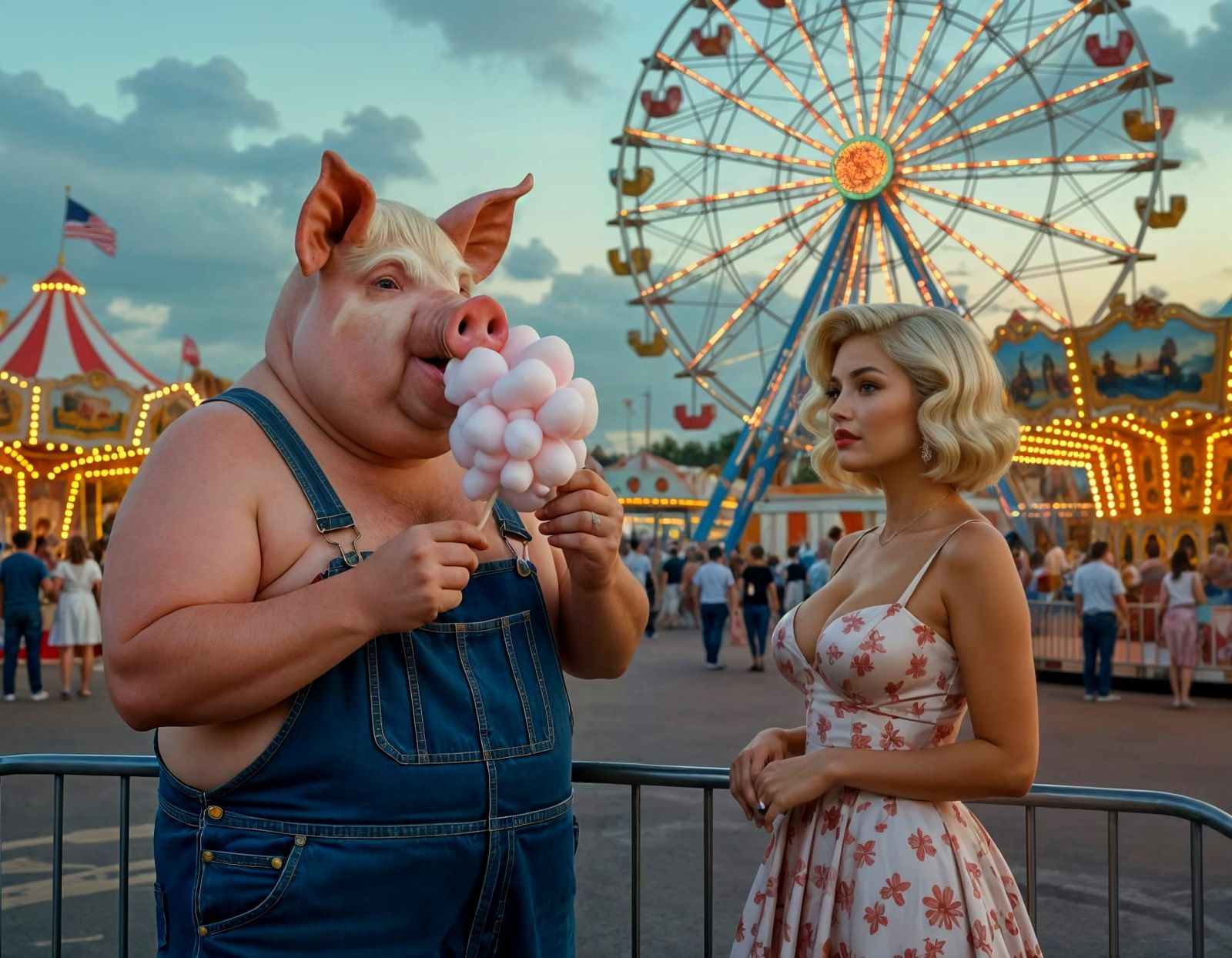 Surreal Pig-Man Enjoys Cotton Candy at Fair