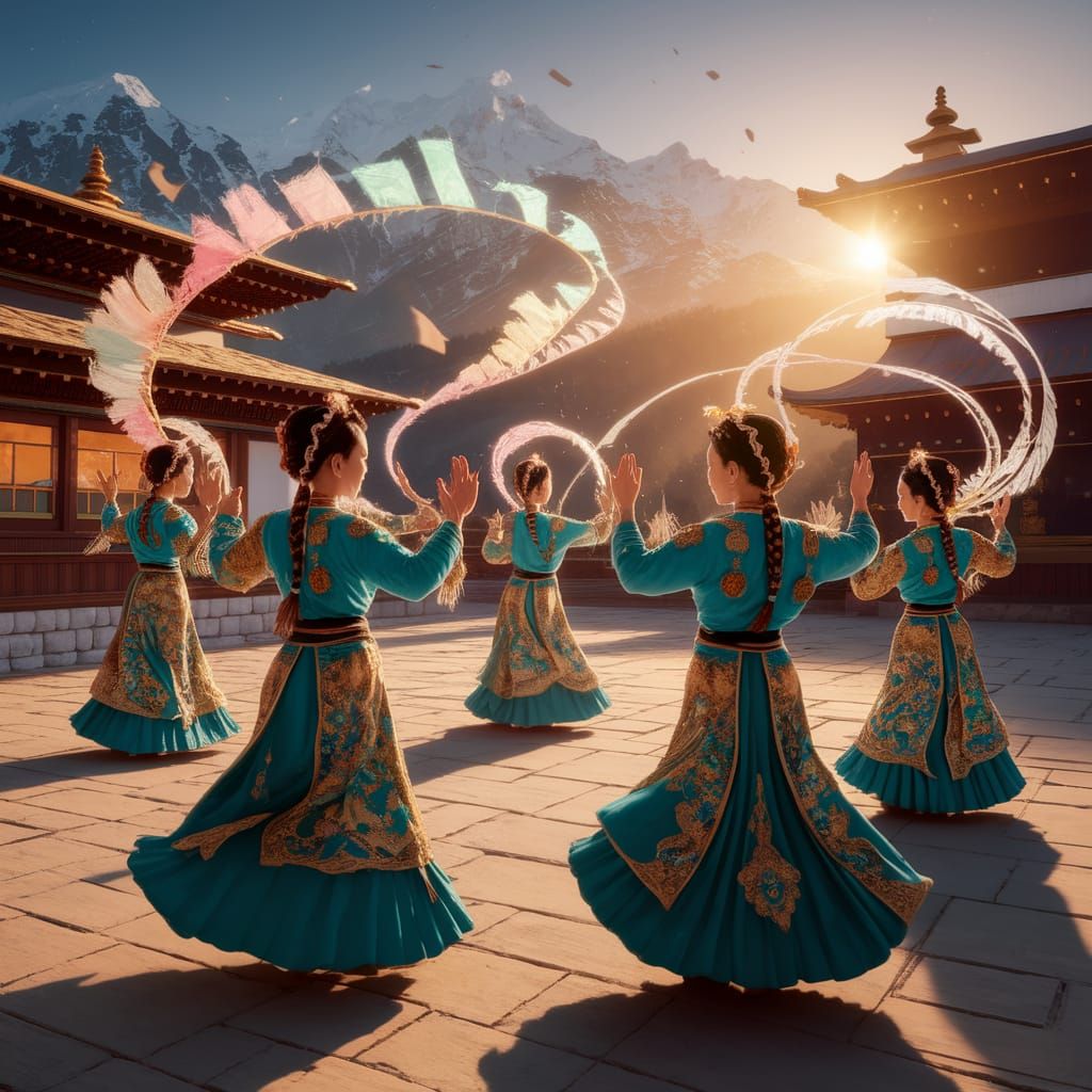 Tibetan Luojia Ba Dance in Himalayan Temple Courtyard