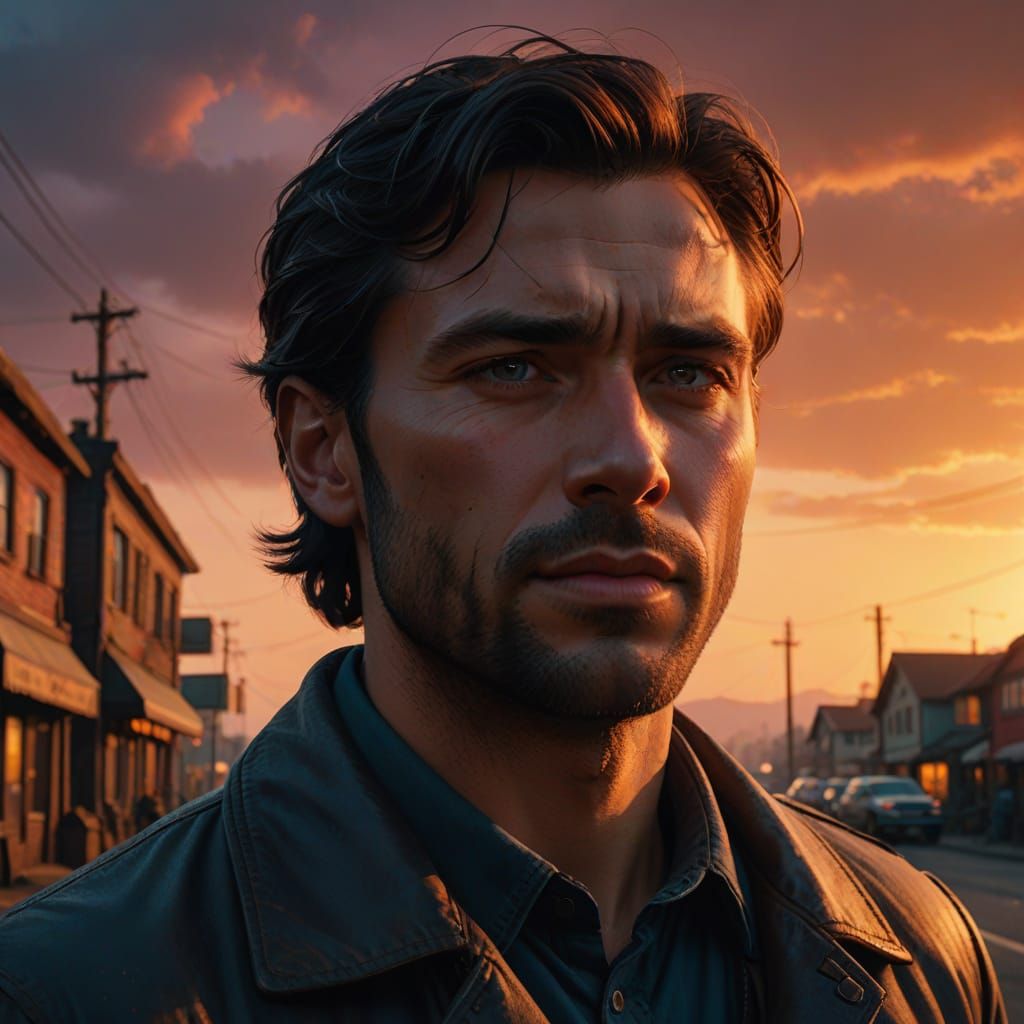 Breathtaking Close-Up of a Handsome Brunette in Golden Hour