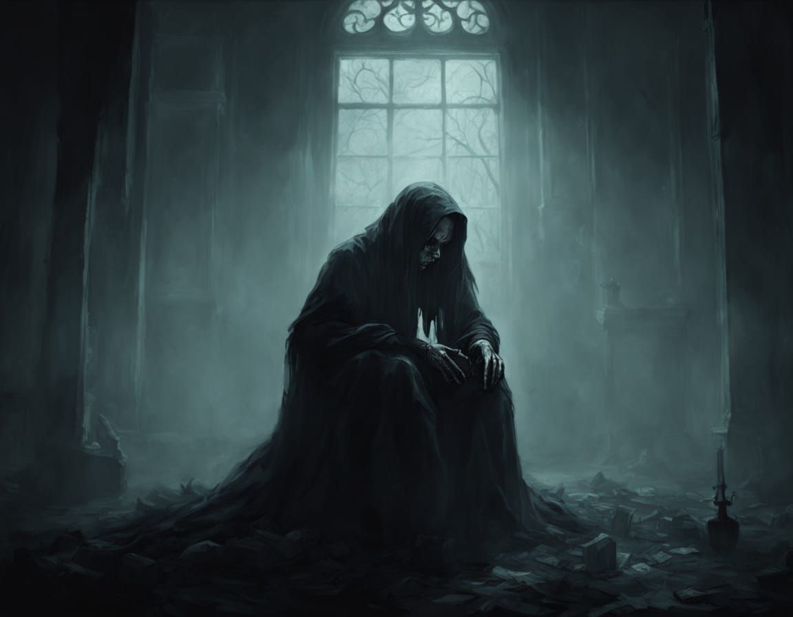 Ethereal Shadow Figure Weeps in Abandoned Child's Room