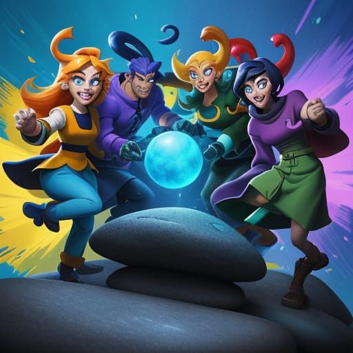 Friends Press Blue Button on Stone in Cartoon Style