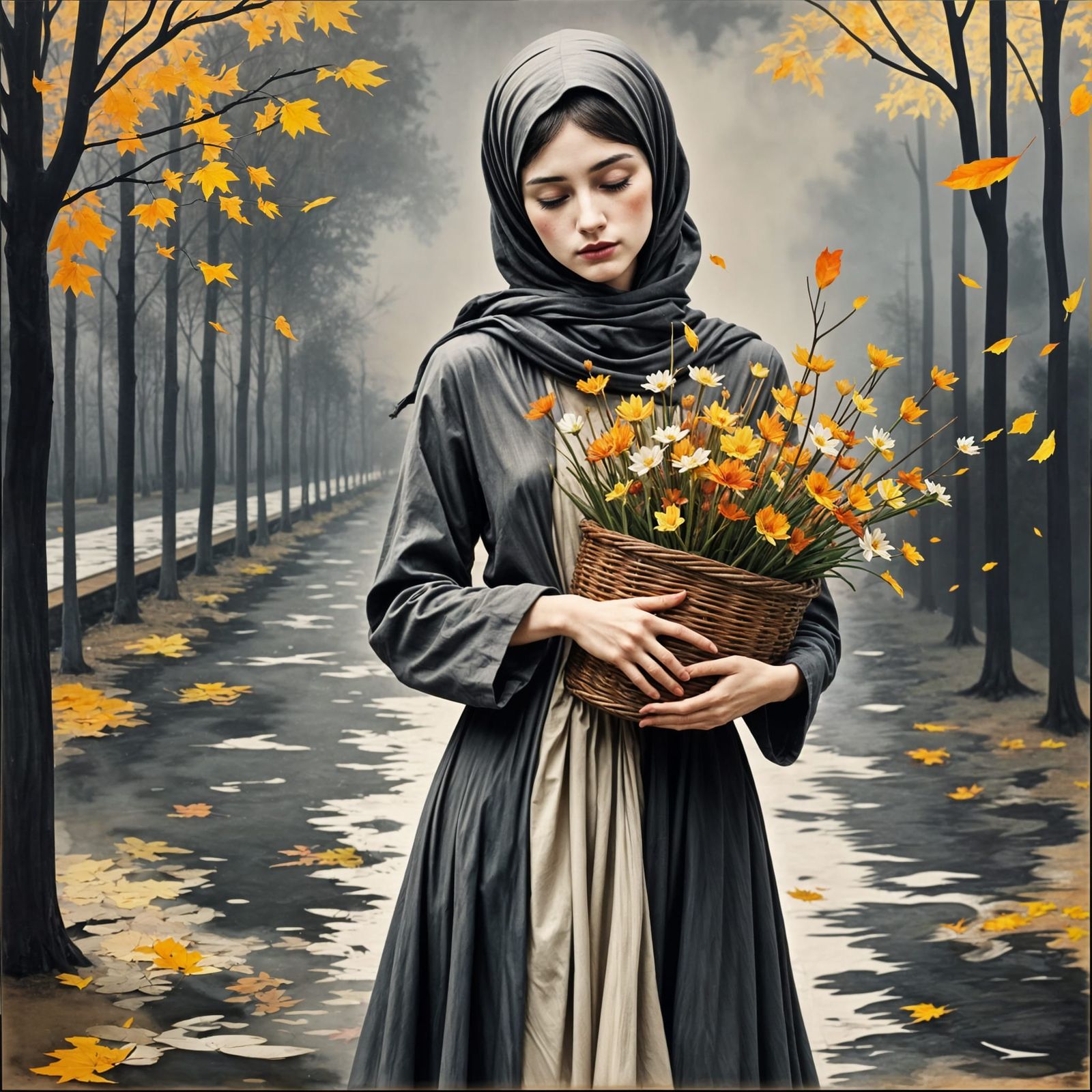 Dark Haired Woman with Autumn Flowers: Charcoal Watercolor