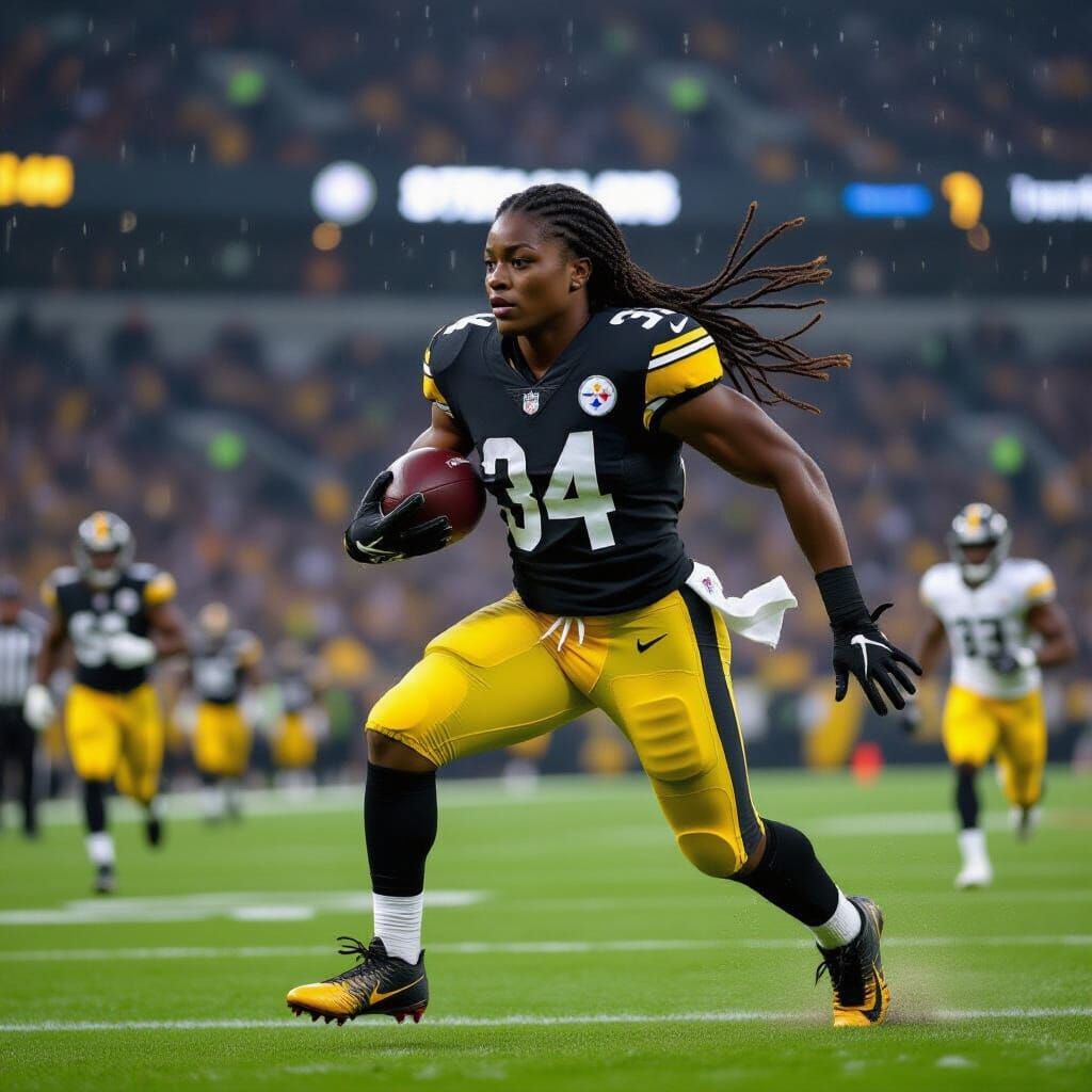Steelers Football Player on Rainy Night at Acrisure Stadium