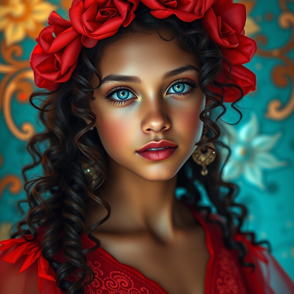 Ethereal Goddess in Vibrant Red, Inspired by Art Nouveau