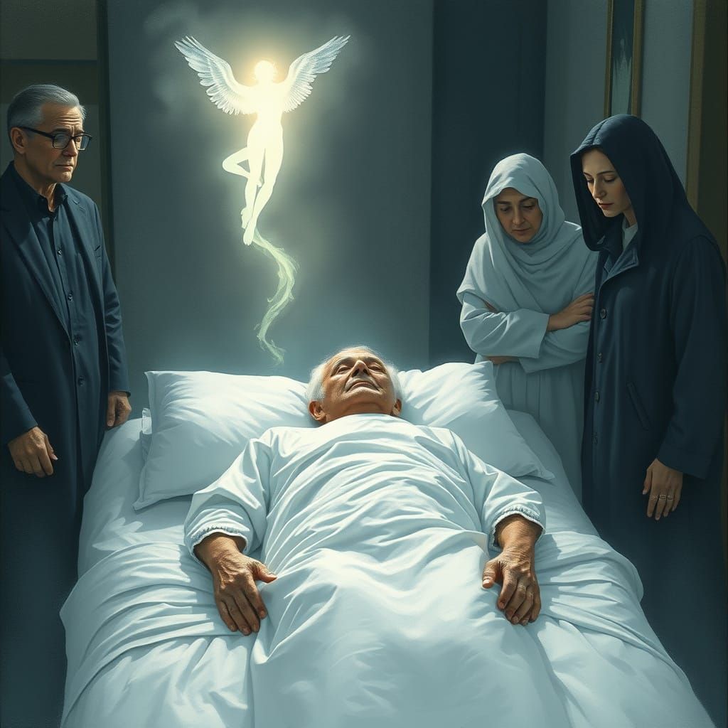 Glowing Soul Ascends from Elderly Man in Mourning