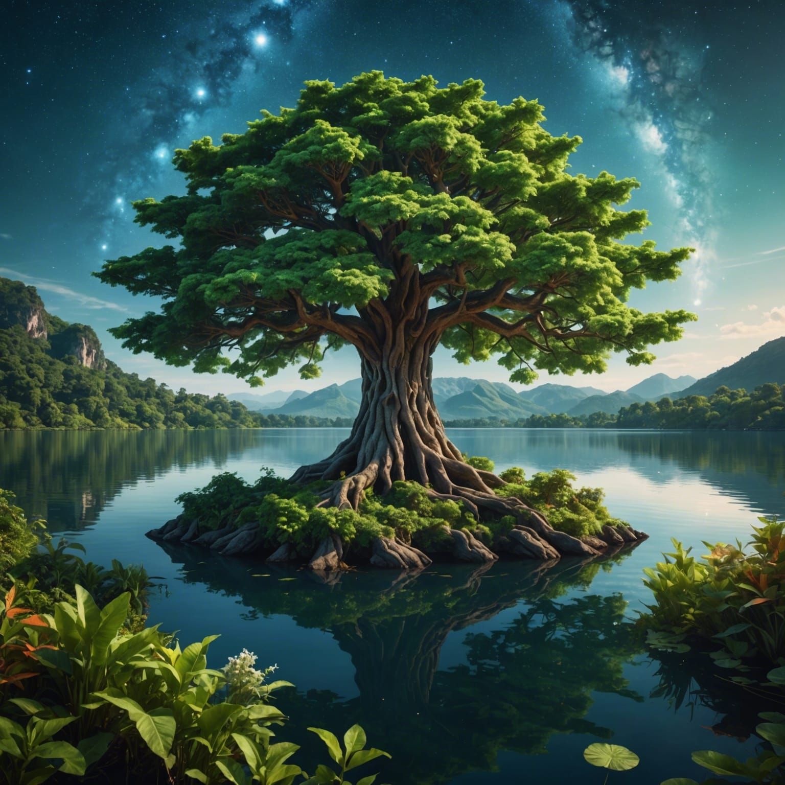 Lush Island's Cosmic Tree of Peace: 8k Photo