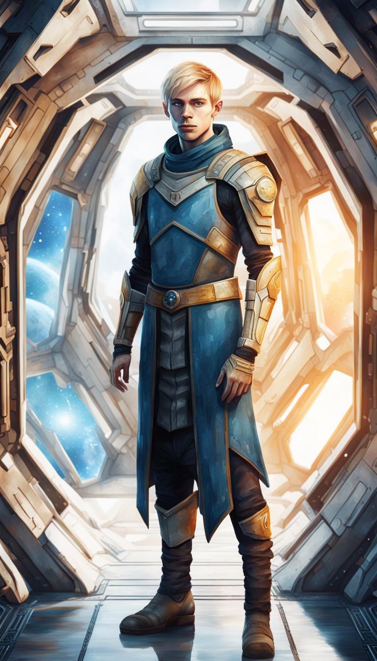 Half-Elf on Spaceship in Watercolor Sci-Fi Art