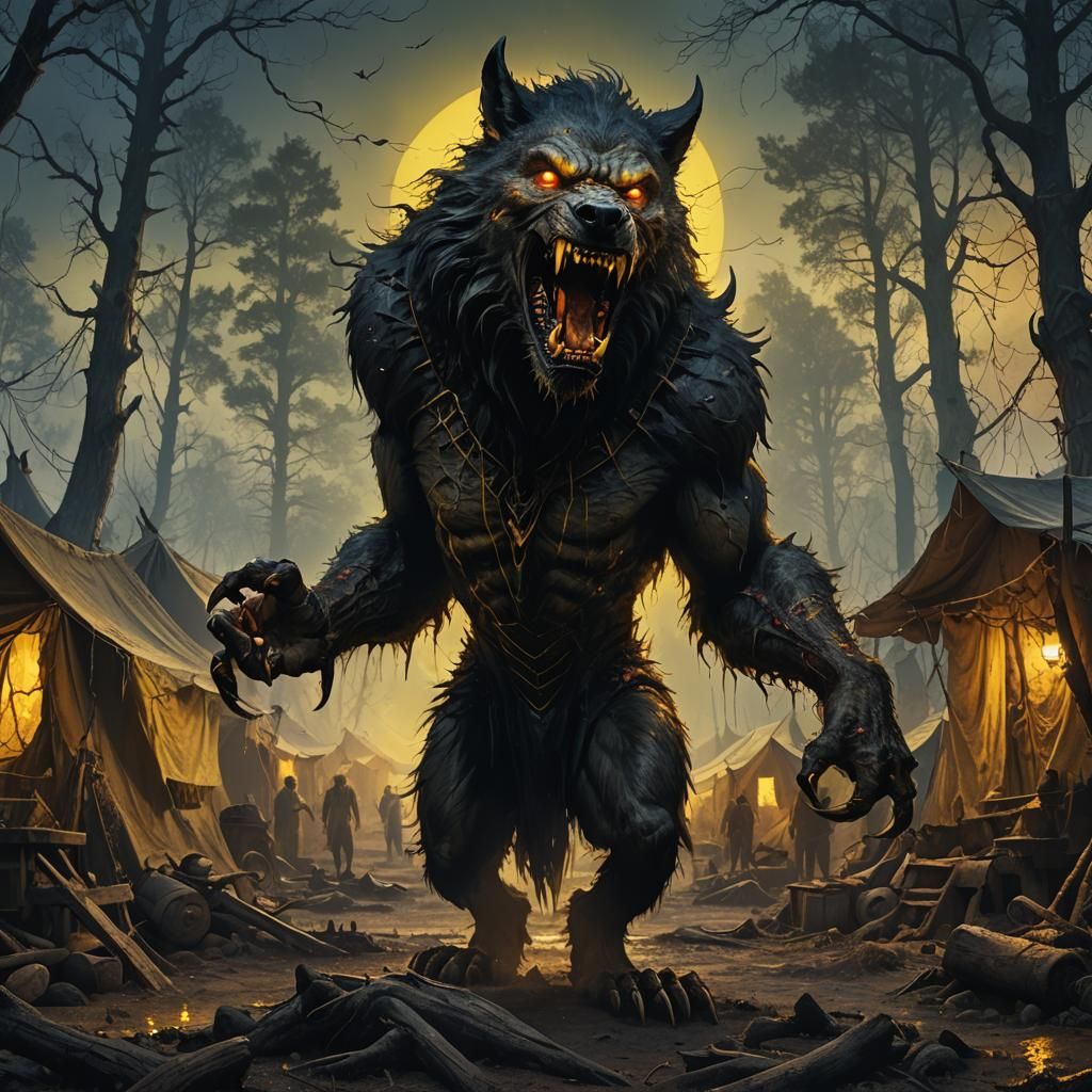 Gnarly Werewolf in Gypsy Camp, Dark Fantasy Art