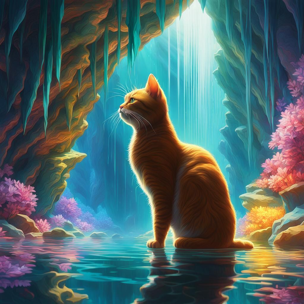 Orange cat in a crystal cave