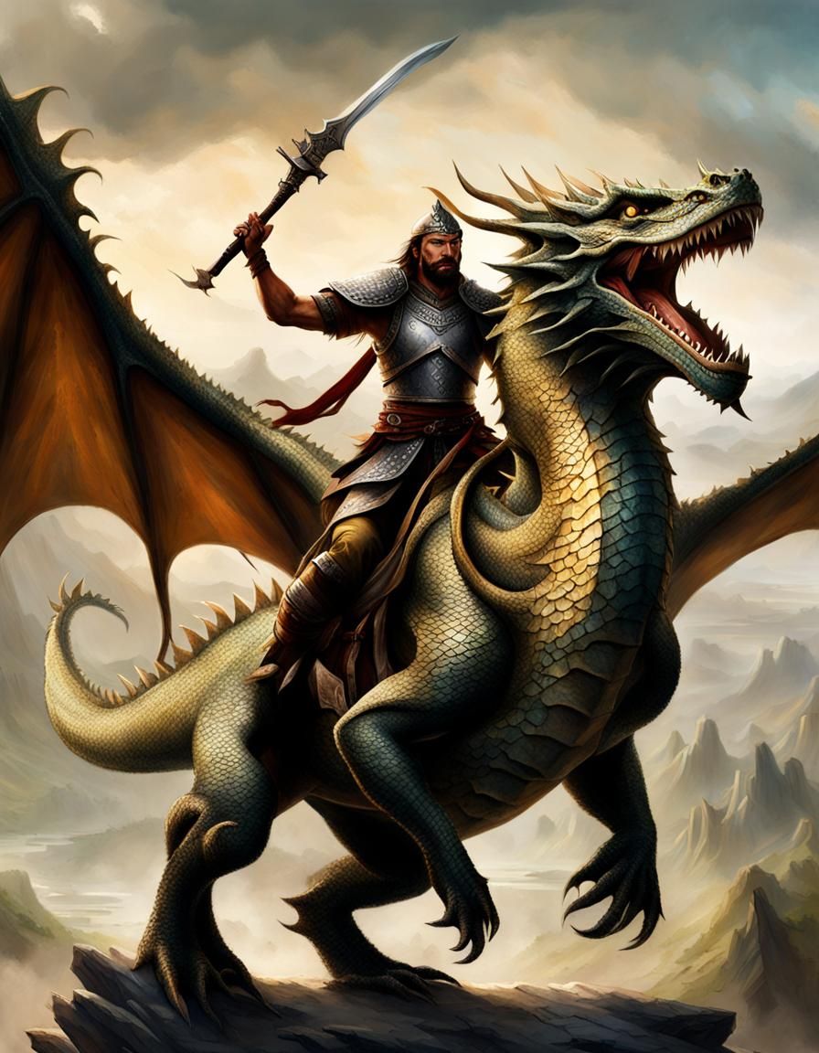 "A warrior riding a dragon"
