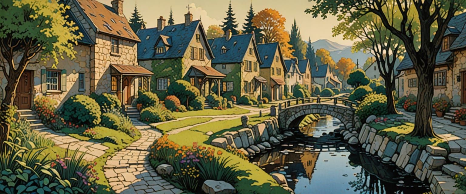 Quaint Village Scene in Comic Book Style