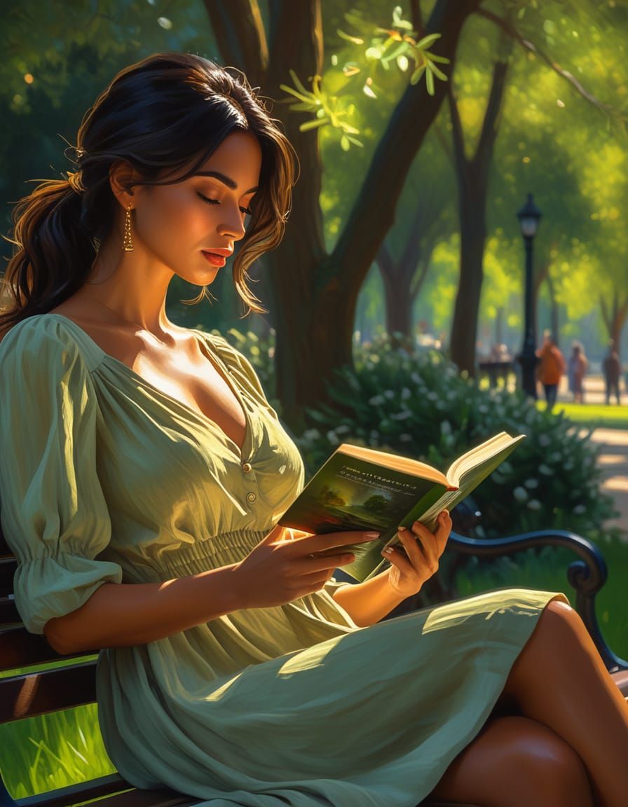 Woman Reading in Park: Romantic Realism Oil Painting