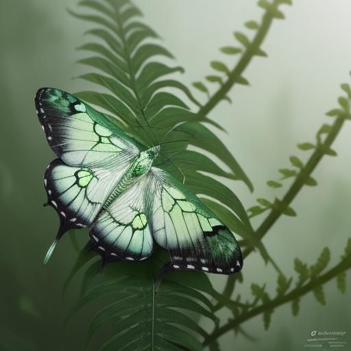 Lunar Moth Perched on Fern Leaf in Misty Forest