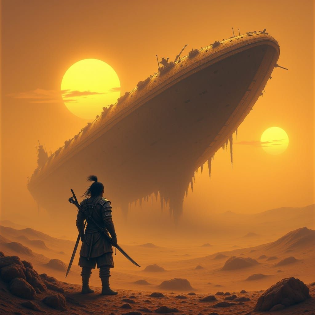 Samurai Warrior Before Desert Spaceship Under Twin Suns