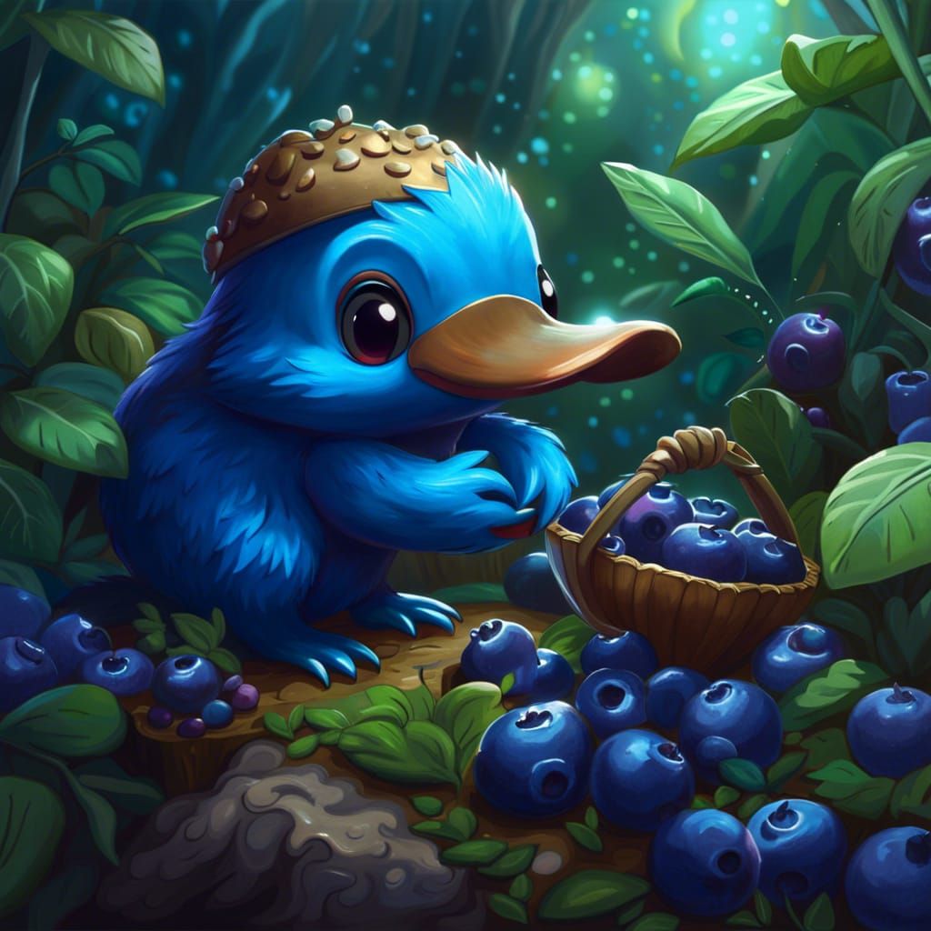 Chibi Blue Platypus Picking Blueberries: Digital Art
