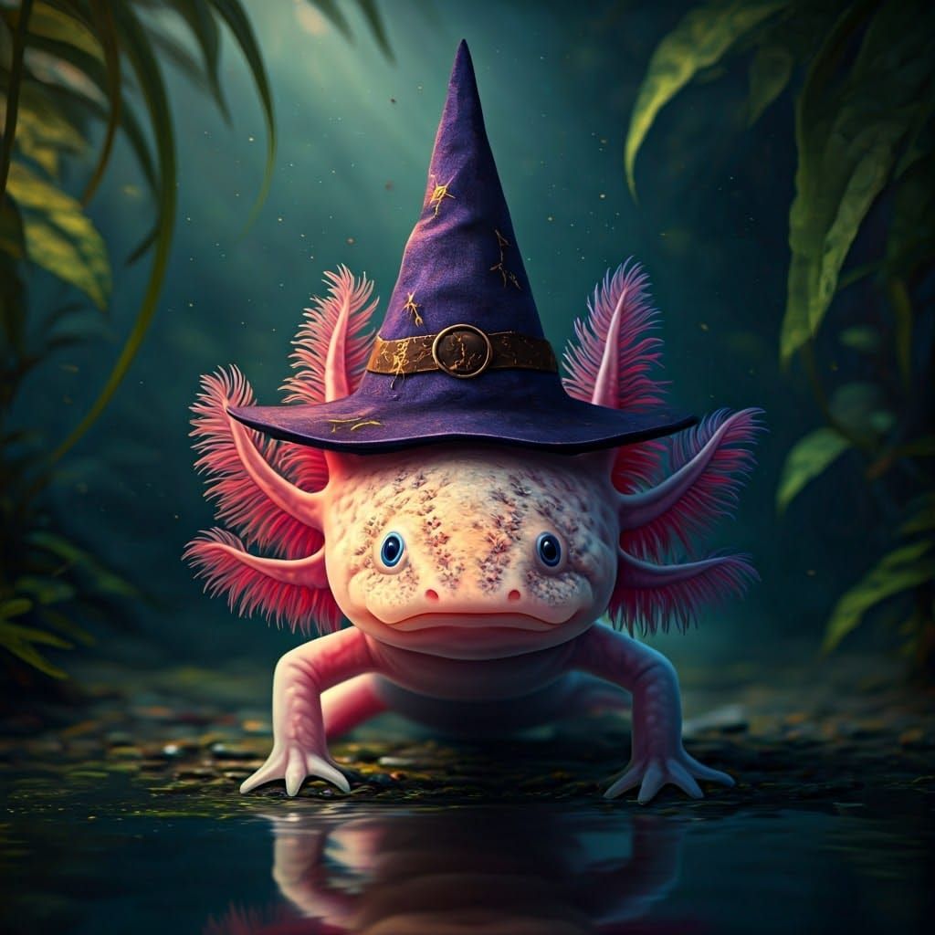 Mystical Axolotl Wizard in Dreamy Aquarium Scene