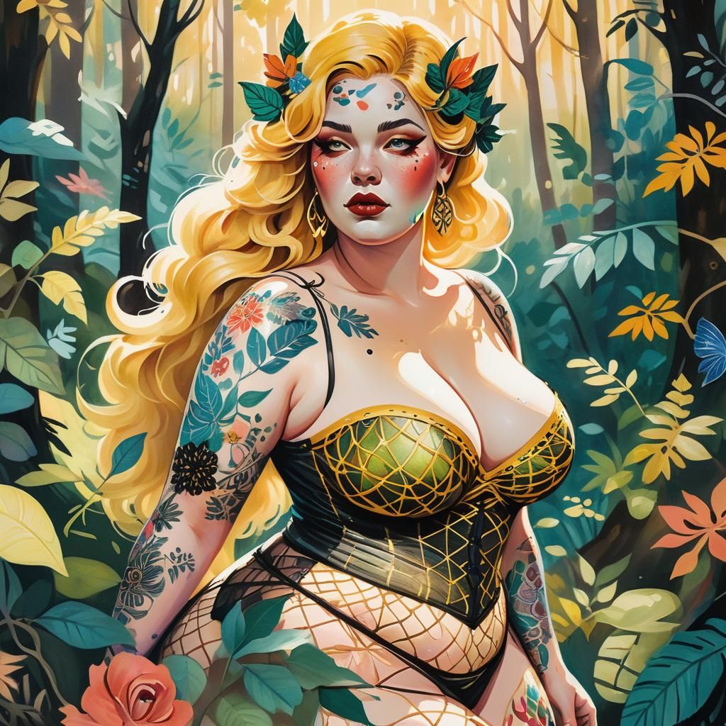 Sensual Fairy in Forest as Gouache Illustration