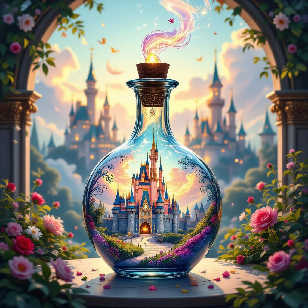 Vibrant Magical Kingdom Erupts from Ornate Glass Bottle