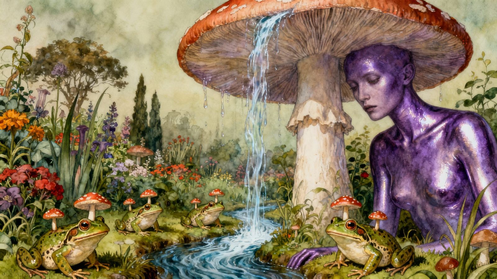 Surreal Mushroom-Man With River Cap And Frogs