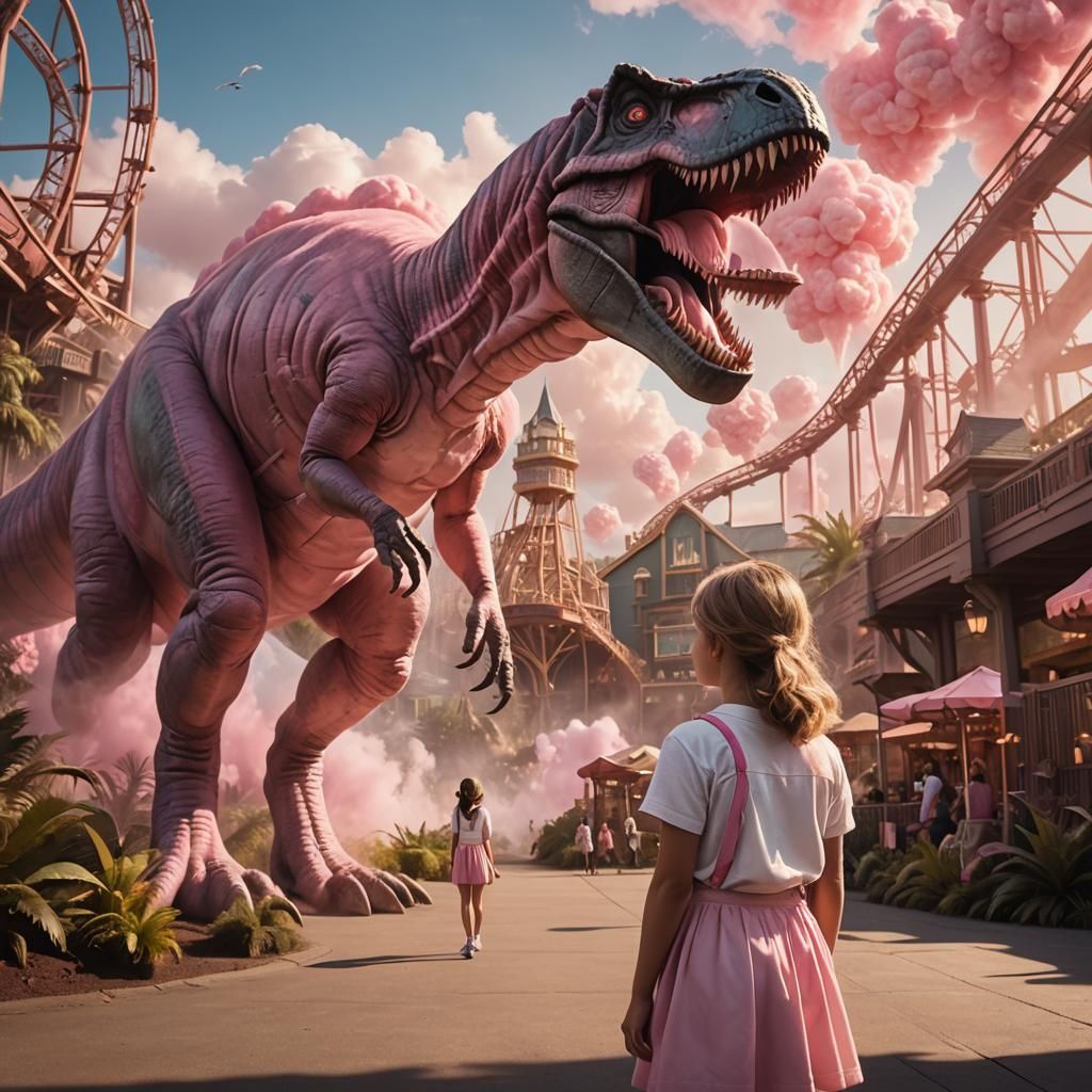 Girl and T-Rex in Golden Jurassic Theme Park