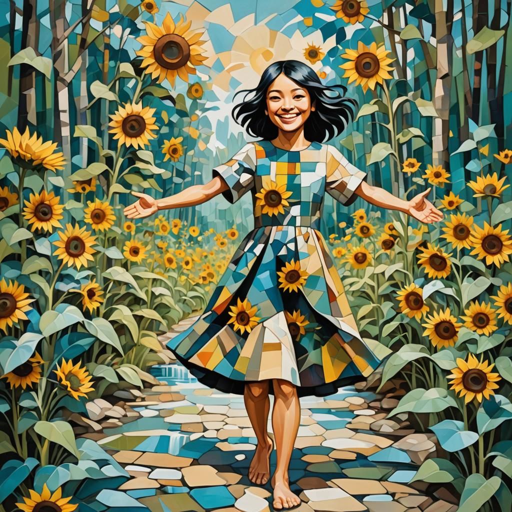 Cubist Girl Running Through Sunflower Forest