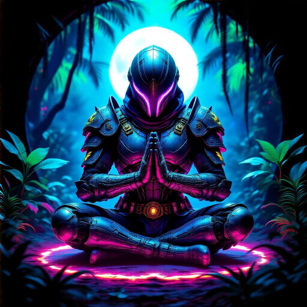 Cyber Warrior Meditating in Ultraviolet Jungle