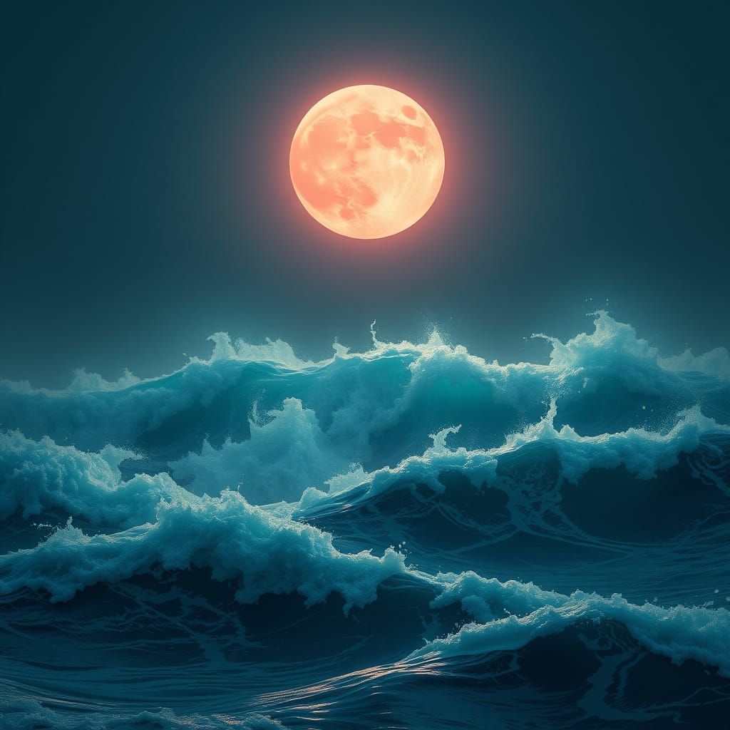 Pink Moon Rises Above Turbulent Ocean Waves in Dreamlike Atm...