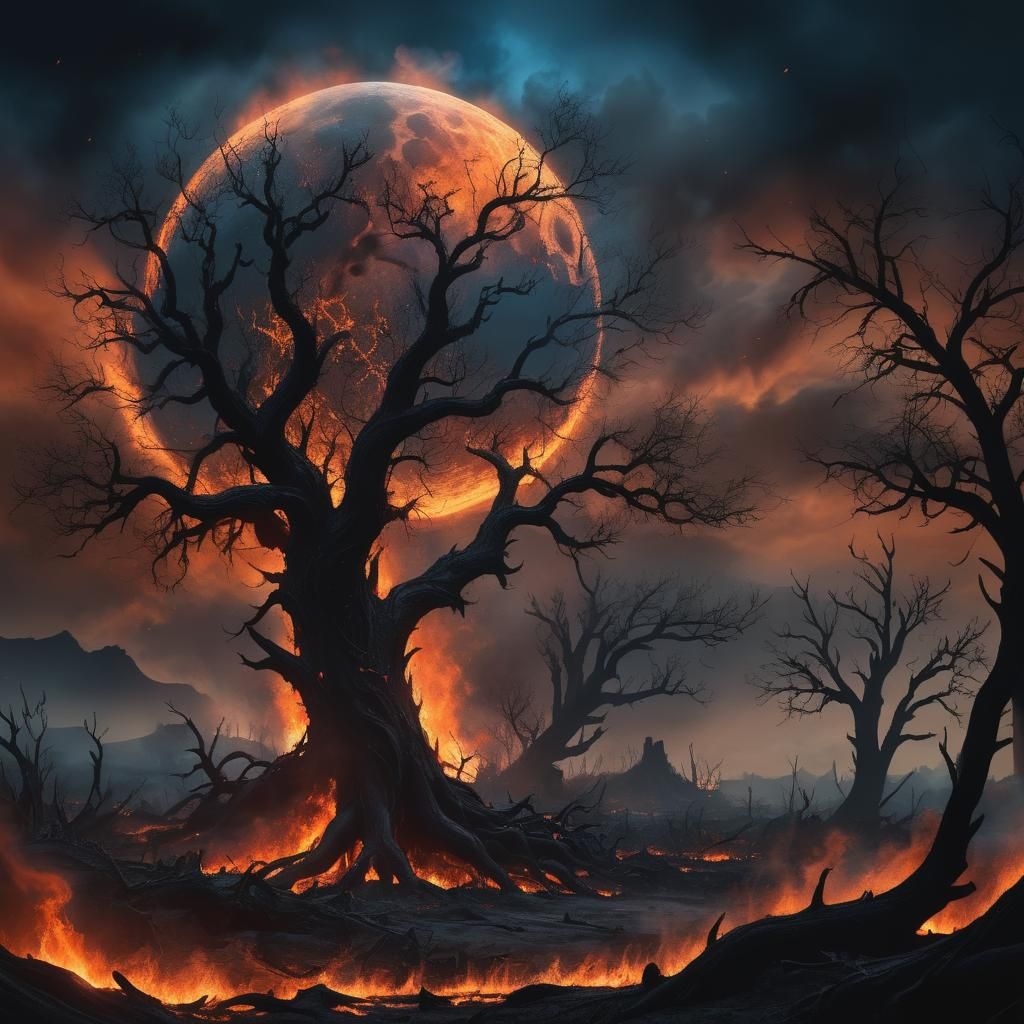 Apocalyptic Wildfire Landscape with Black Moon