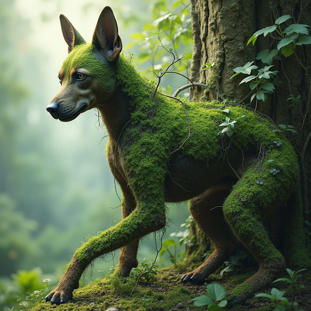 Surreal Biomechanical Dog Transforms into Living Tree