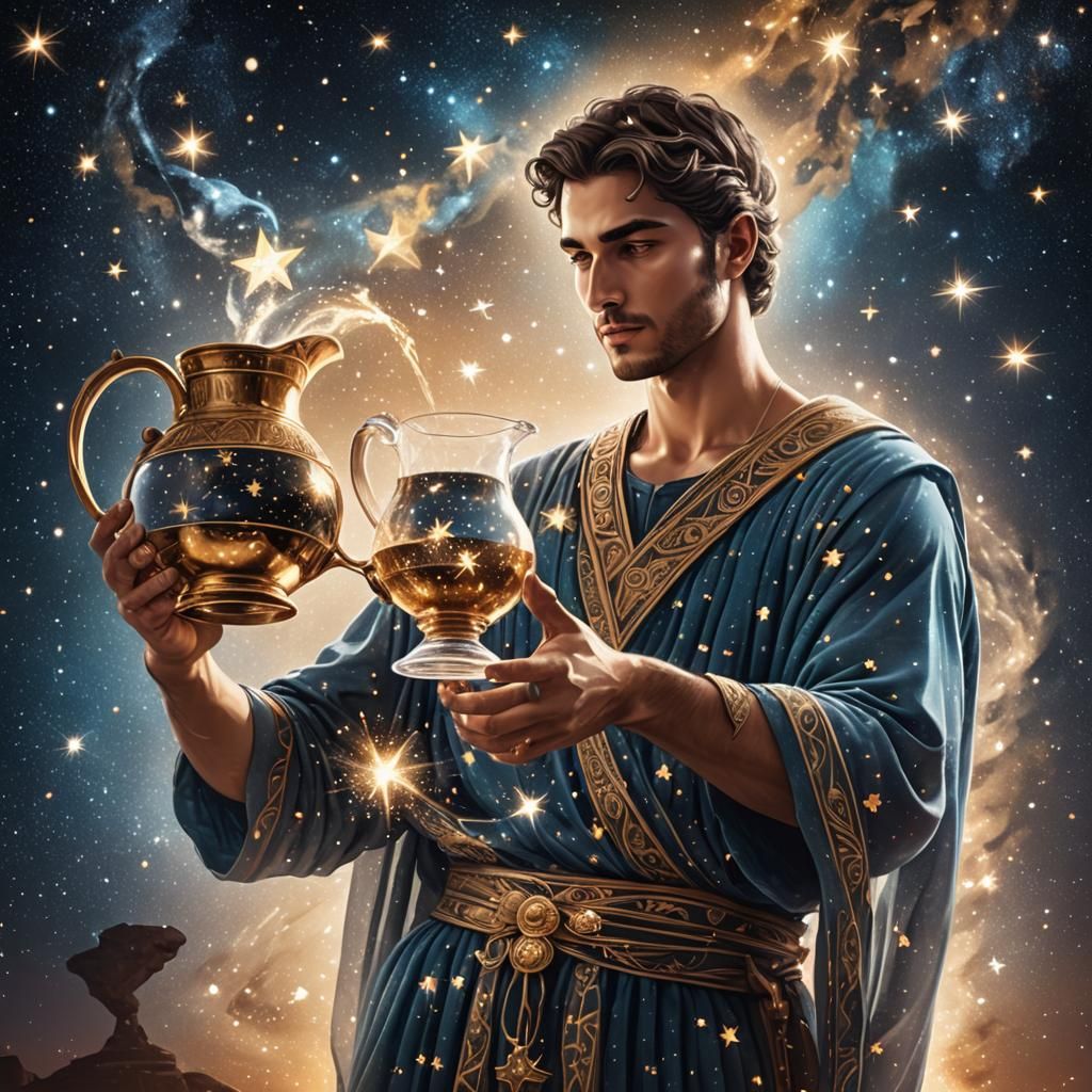 Aquarius: Astral Figure Pouring Stars, Holographic Illustrat...