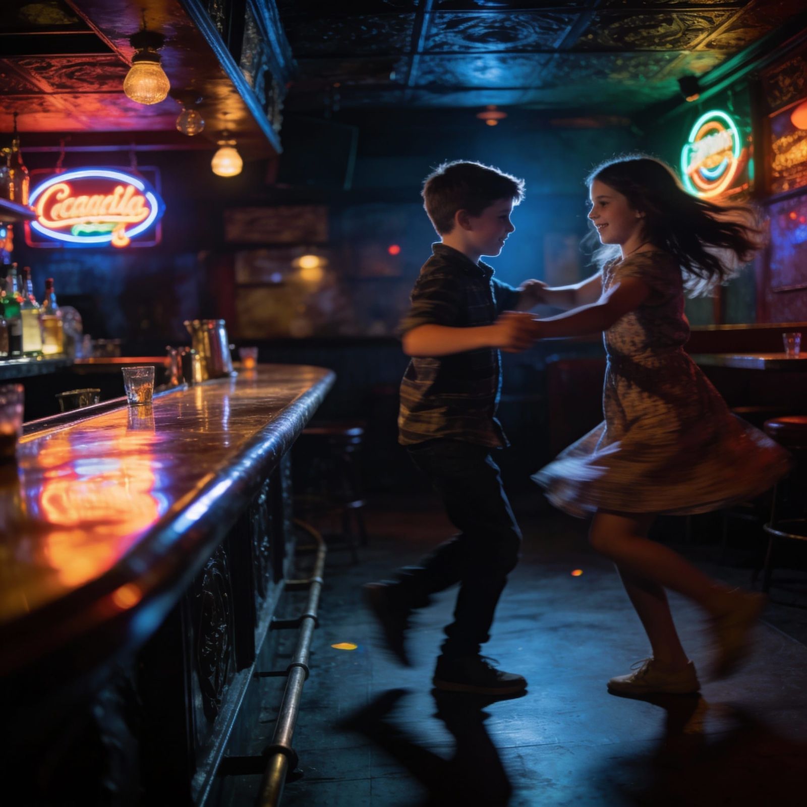 Joyful Children Dancing in Atmospheric Bar