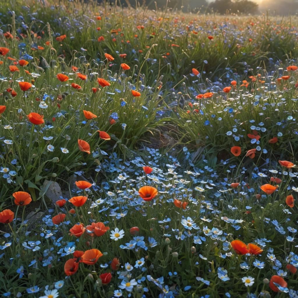 Vibrant Flower Field at Dawn: A Digital Matte Painting