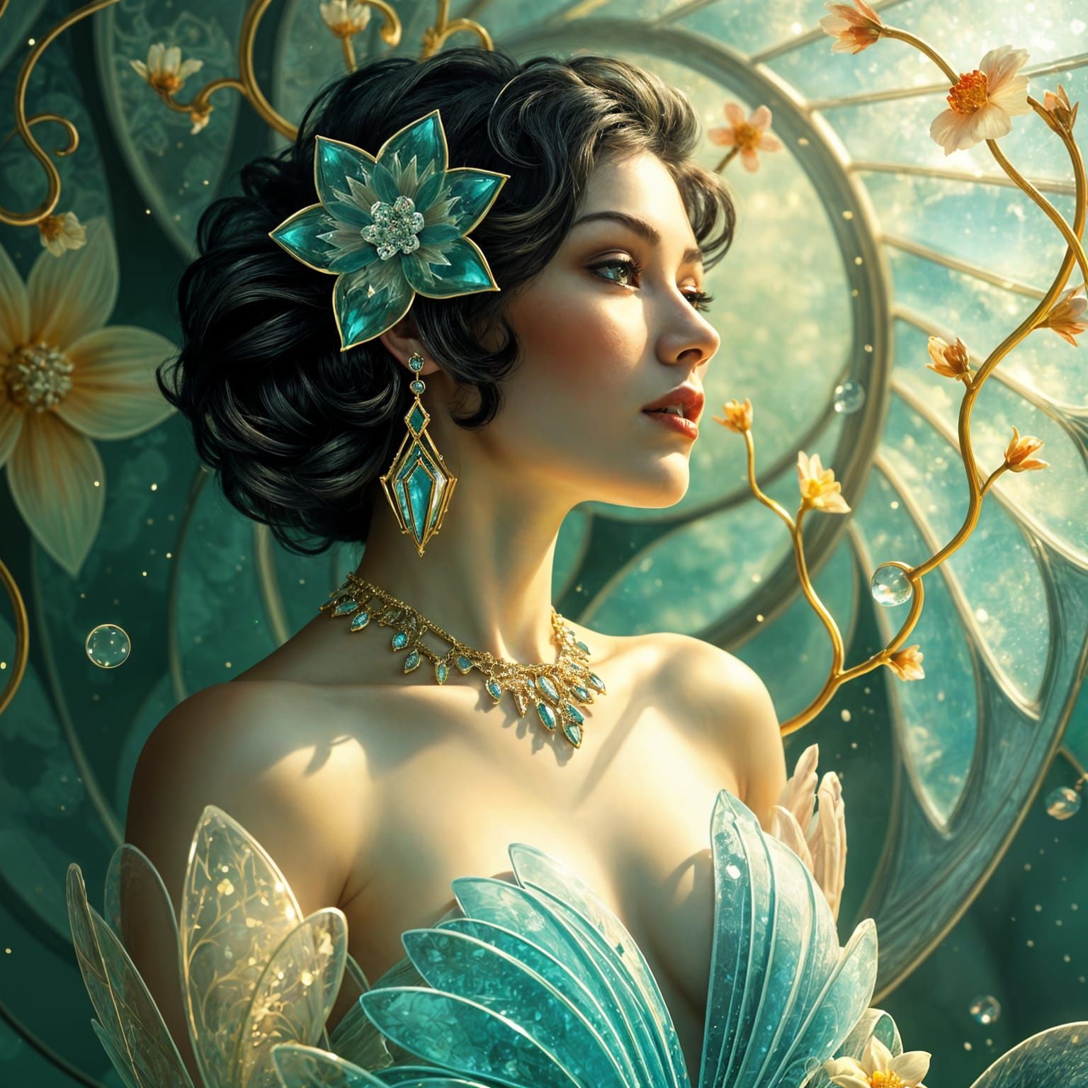 Art Deco Muse Amidst Swirling Glass Petals