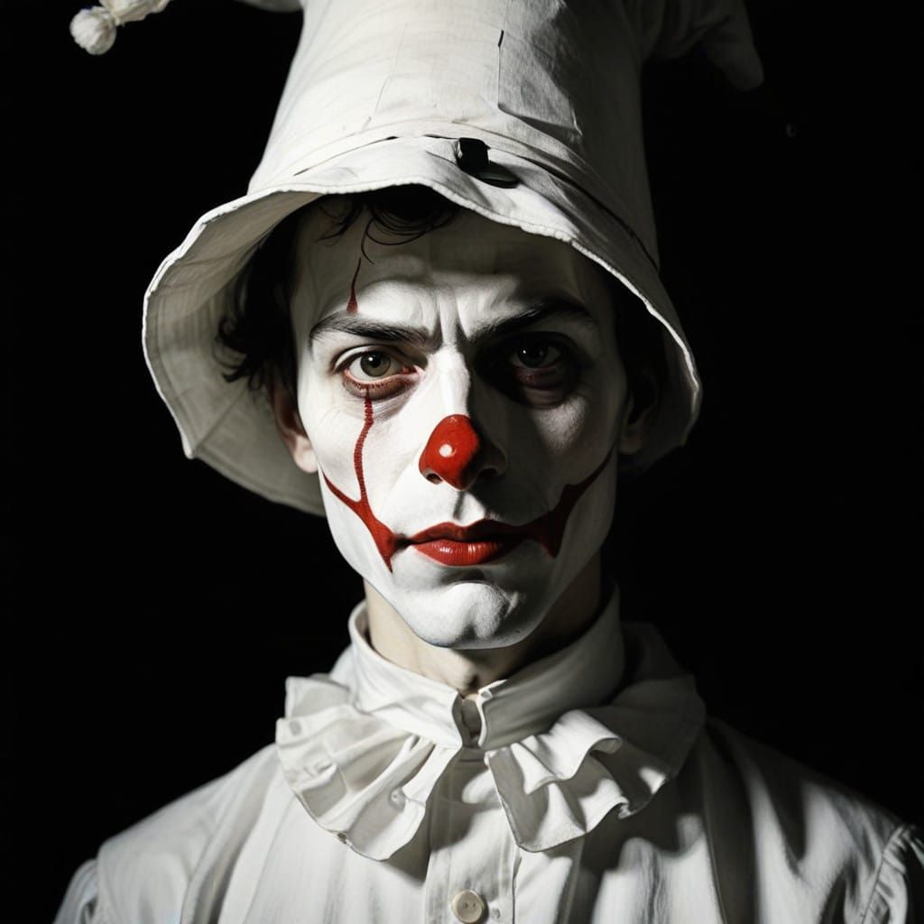 Tragic Clown in Stark White and Crimson