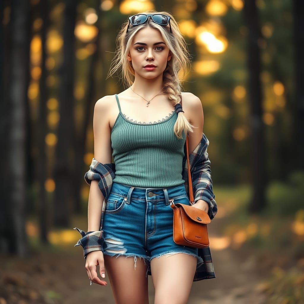 Young Woman Embarks on a Forest Adventure in Style