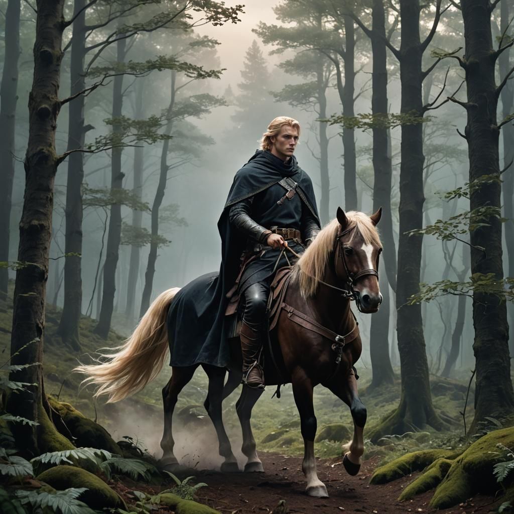 Medieval Man Leads Horse Through Dark Forest
