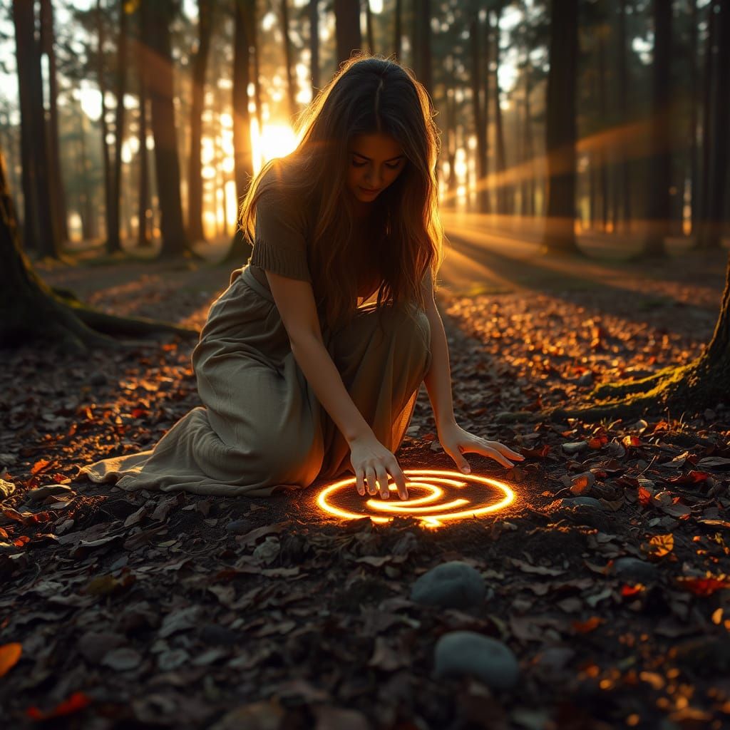 Ethereal Woman Drawing Magic Circle in Forest