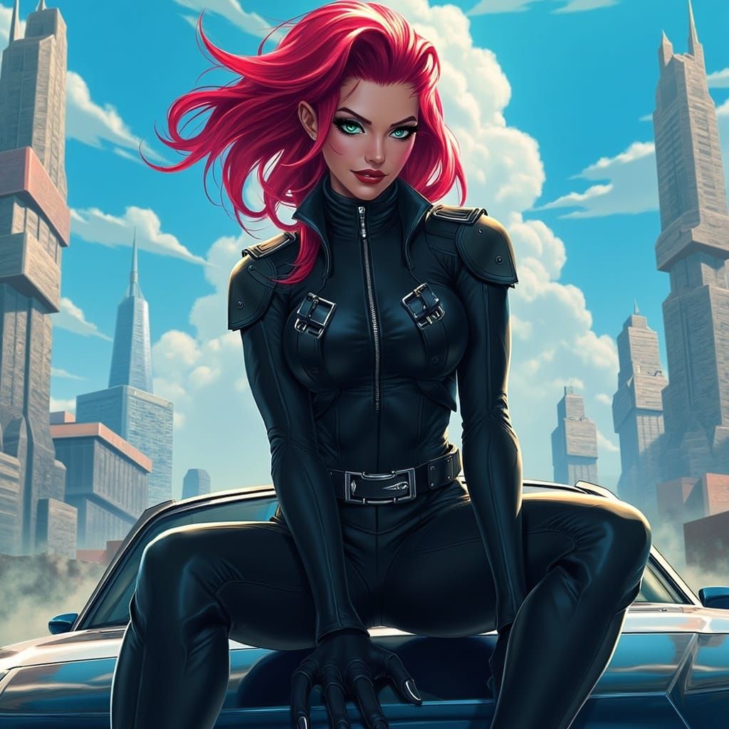 Red-Haired Woman in Catsuit on Futuristic Car