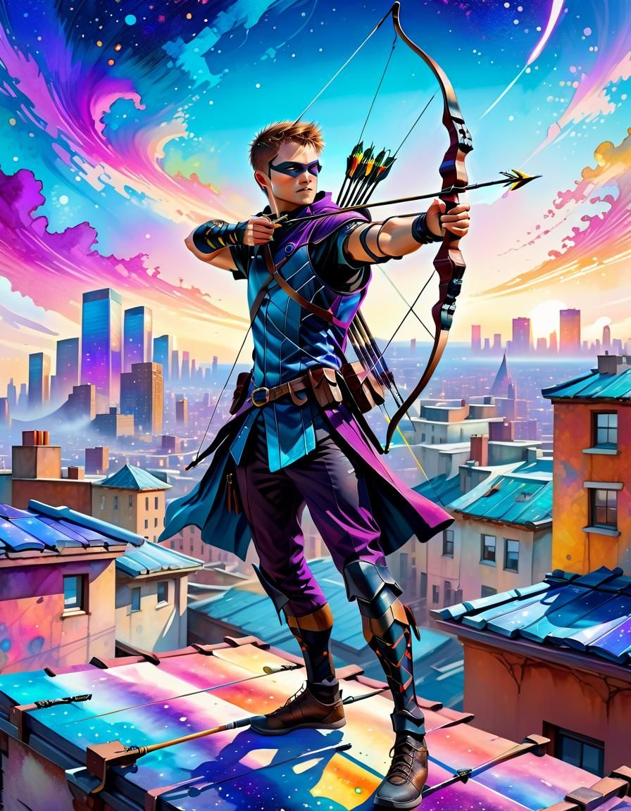 Hawkeye on Rooftop in Vaporwave Watercolor Style