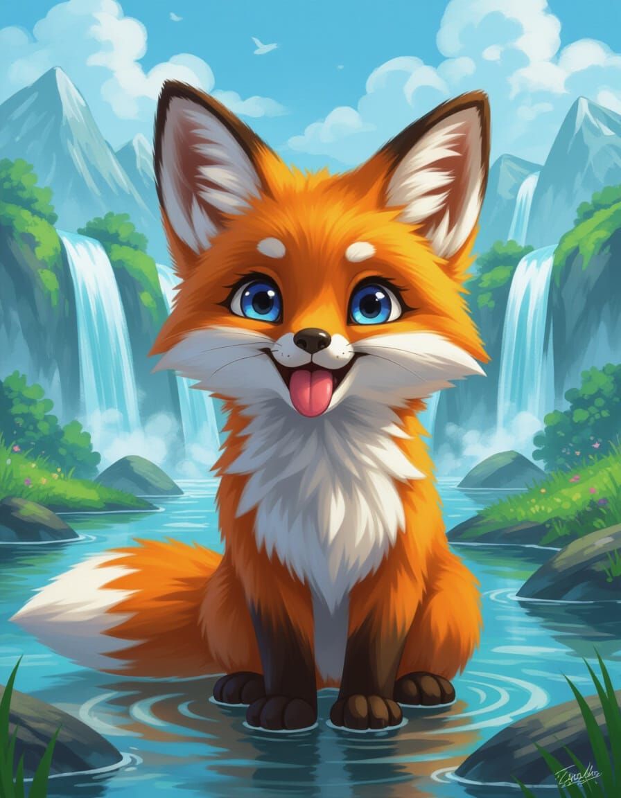 Cute Fox Playing in Fantasy Waterfalls Landscape