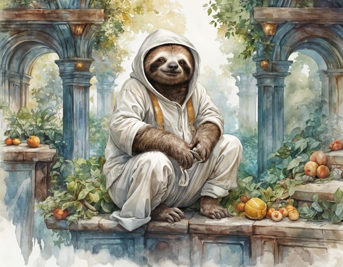 Sloth Tennis Star in Watercolor Style