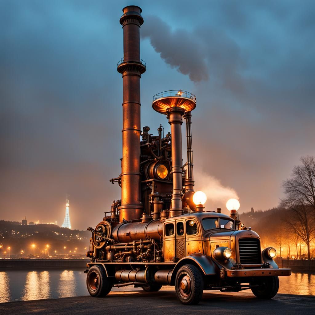 Steampunk Tow Truck in Misty Cityscape