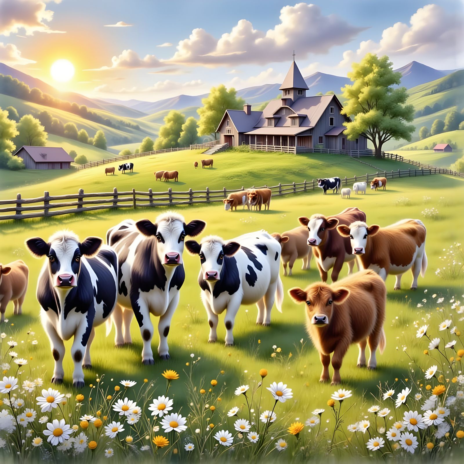 Sun-Drenched Farmhouse with Grazing Cows in Rural Landscape