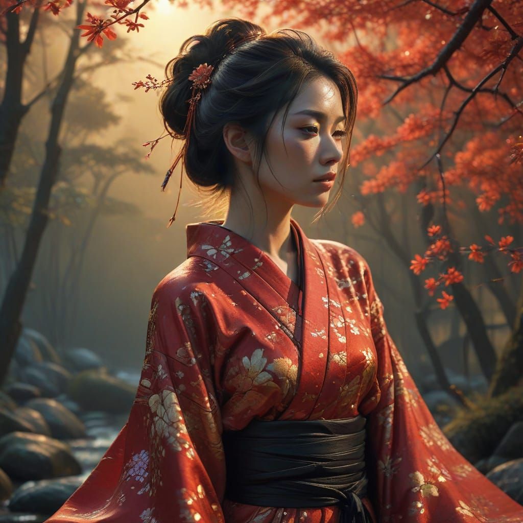 Elegant Woman in Red Kimono with Metallic Sheen