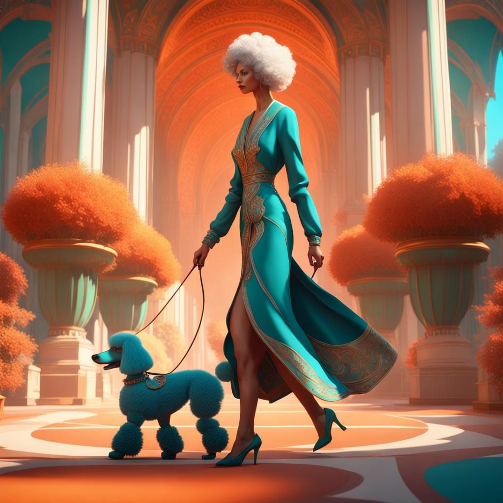 Elegant Woman Walking Poodle in Art Deco Style
