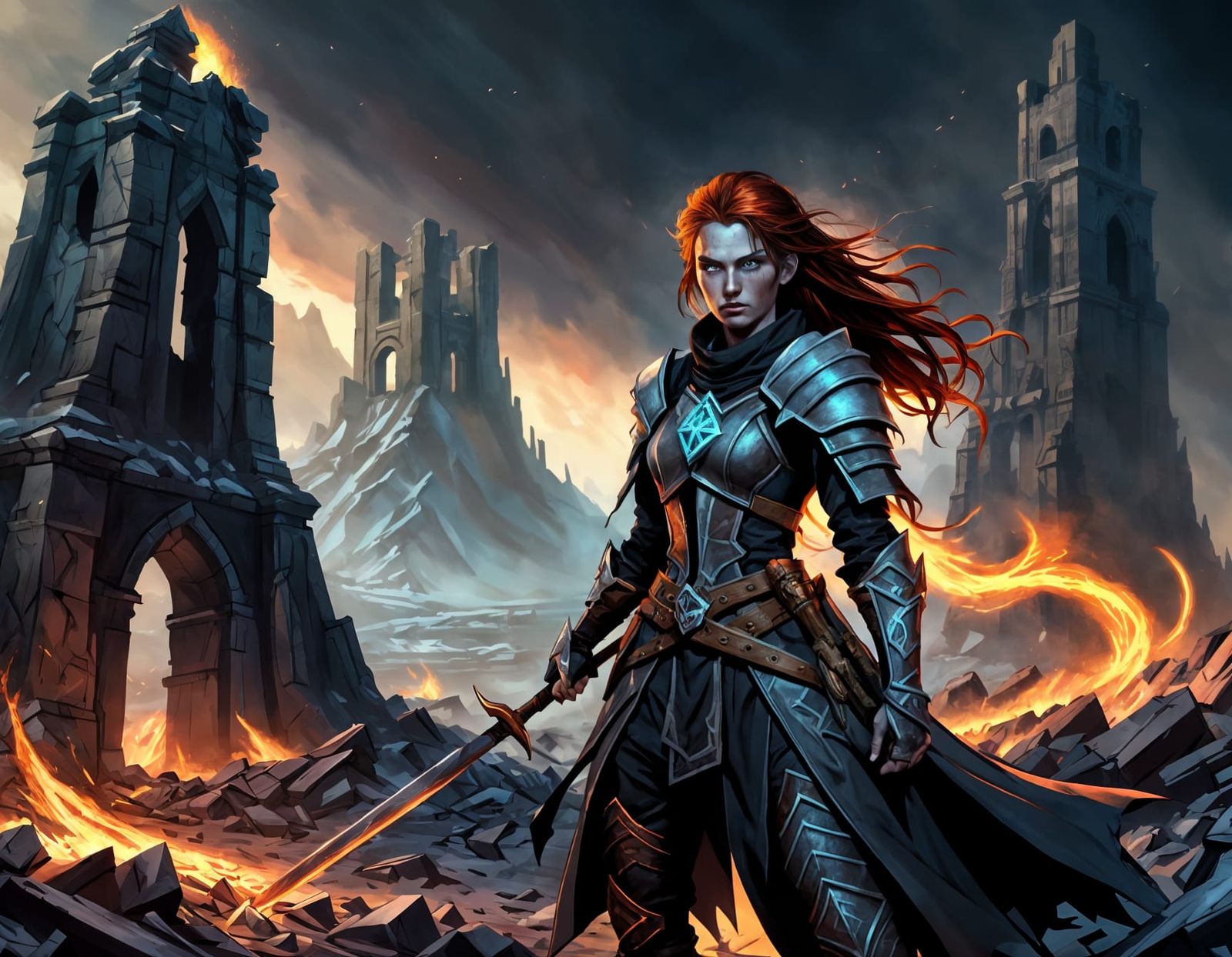 Warrior Witch in Dark Fantasy Ruins