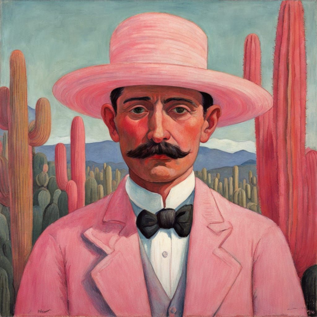Pink Cactus Man Portrait in Post-Impressionist Style